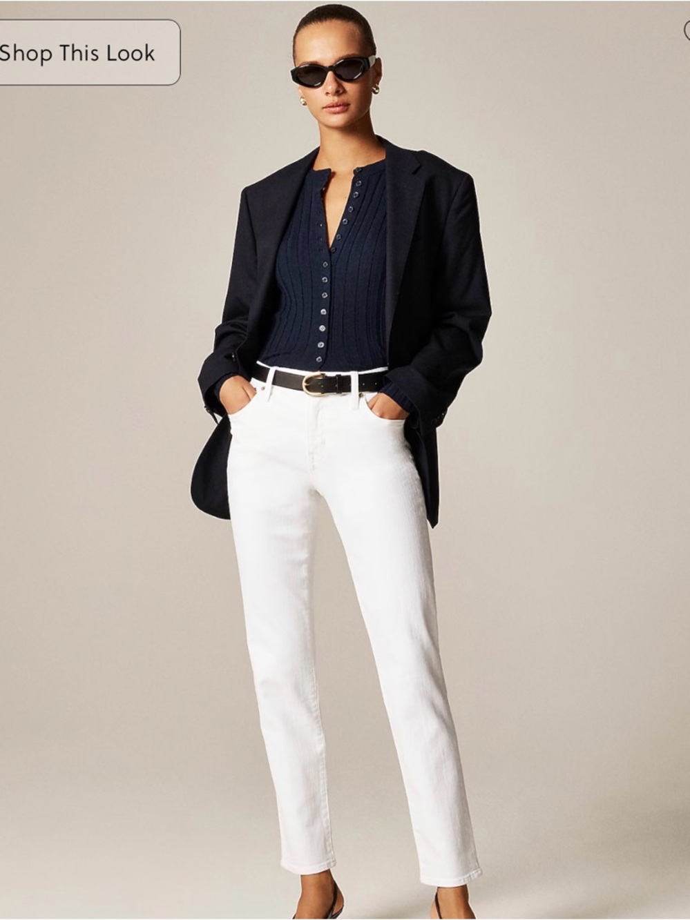 J. Crew Navy Ribbed Button Top with Black Blazer and White Jeans